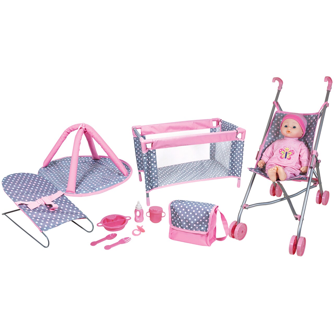 Lissi: 16" Baby Doll Playset - Pink-Blue-Polka Dot - Umbrella Stroller, Travel Bed, Playpen, Bouncer, Handbag, Toy Care Accessories, Kids-Toddlers 2+